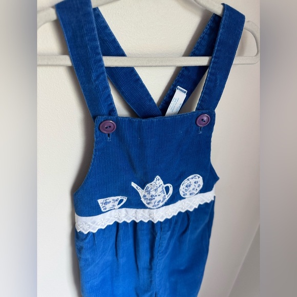 Vintage Thomas Velour Tea Cup Embroidered Overalls Size 4 - Picture 2 of 6